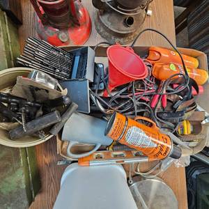 lot 122 image: Grease Guns, Tire Repair Kits, Drill Bit Set