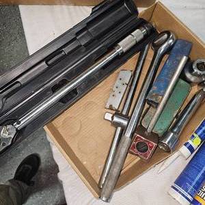 lot 130 image: 34  Ratchet and Extension, Torque Wrench and Box with Electric Chainsaw