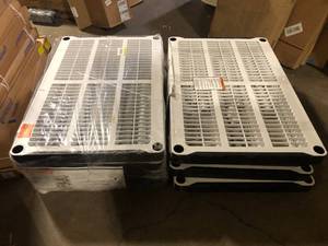 lot 46 image: Lot of 2 HDX 5-Tier Easy Assembly Multi-purpose Plastic Garage Storage Shelving Unit in Gray (36 in. W x 72 in. H x 24 in. D) customer return see pictures