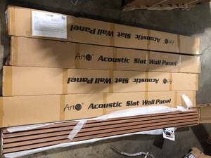 lot 53 image: Lot of 5 cases Art3dwallpanels Walnut 0.83 in. x 0.65 ft. x 8 ft. Wood Slat Acoustic Panels, MDF Decorative Wall Paneling (4 Piece21 sq. ft.) custoter return see pictures