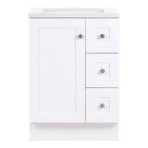 lot 9 image: Glacier Bay Bannister 25 in. Single Sink White Bath Vanity with Granite-Look Colorpoint White Cultured Marble Top (Assembled) customer return see pictures