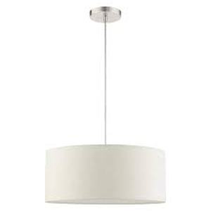 lot 15 image: LamQee 3-Light Brushed Nickel Drum Pendant Light with White Fabric Shade customer return see pictures