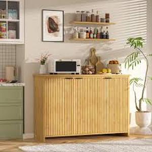 lot 27 image: VEIKOUS 47.4 in. W Bamboo Sideboard Buffet, Dining Table, Accent Storage Cabinet with Fluted Doors, Yellow customer return see pictures