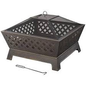 lot 45 image: Hampton Bay Tipton 34.00 in. W Rubbed Bronze Steel Wood Outdoor Fire Pit with Screen and Poker Included customer return see pictures