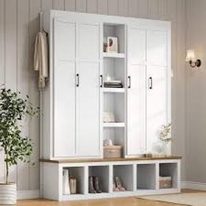 lot 8 image: Harper & Bright Designs White 4-in-1 Hall Tree with Entryway Bench, Shelves, 5 Open Compartments, 6 Hanging Hooks customer return see pictures