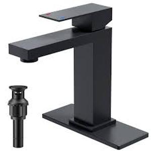 lot 62 image: Forious pro Single Handle Mid-Arc Bathroom Faucet with Pop-Up Drain Included and Spot Resistant in Matte Black customer return see pictures