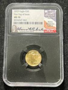 lot 01 image: 2025 AMERICAN GOLD EAGLE 110TH OZ .999 FINE GOLD NGC MS70