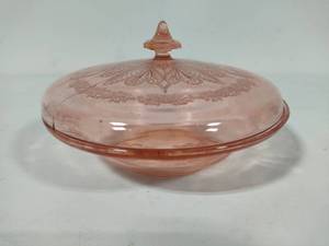 lot 22 image: Jeanette Pink Depression Glass Covered Bowl