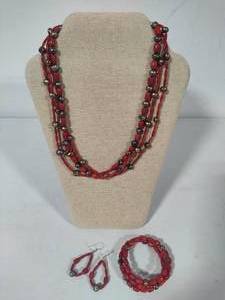 lot 51 image: 925 Jay King DTR Three Strand Red Coral & Gray Pearl Necklace wMatching Earrings & Bracelet