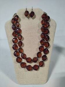 lot 57 image: Cognac Brown Acrylic Beaded Double Strand Necklace & Earrings