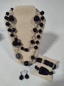 lot 61 image: Long Black & Silver Tone Beaded Necklace, Stretch Bracelets & Sterling Earrings