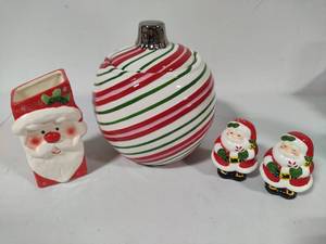lot 108 image: Candy Cane Cookie Jar, Santa Salt & PepperUtensil Holder
