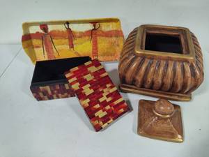 lot 146 image: Ceramic & Tiled Storage Boxes wLids & African Themed Tray
