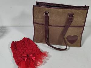 lot 141 image: Soft Sided Pet Carrier wShoulder Straps & Crocheted Red Doggie Tutu