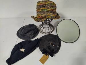 lot 139 image: Vintage Hats & Beveled Wall Mirror