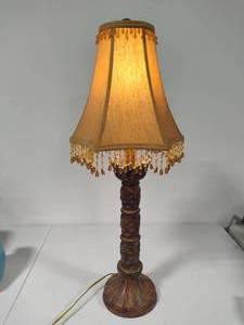 lot 16 image: Vintage Carved Wood Base Lamp with Beaded Shade