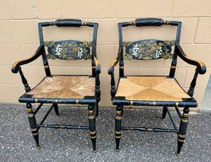 lot 2 image: Pair of L. Hitchcock CaneRush Seat Chairs