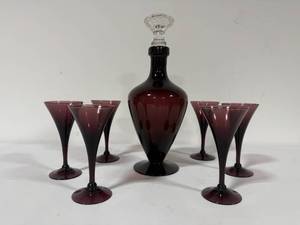 lot 6 image: Cambridge Amethyst Glass Decanter and Six Matching Cordial Glasses