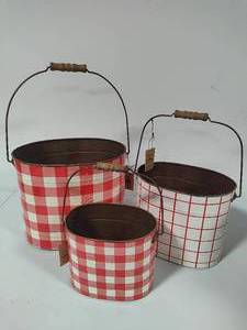 lot 112 image: Three Nesting Tin Buckets with Wood Handles