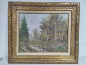lot 39 image: Landscape Art Oil Painting 28.5 x 25 Gold Toned Carved Wood Frame