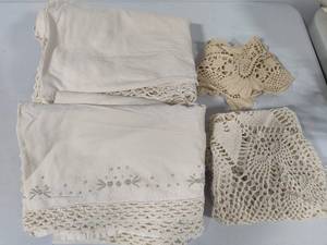 lot 172 image: Crocheted 32 Drapery Panels & Two Doilies