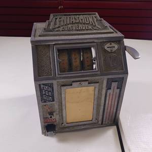 Centasmoke "1930's era" get a gumball and maybe win a Cigarette! Like a slot Machine!  Works as it should when you insert a penny... all the wheels spin and stop. (Back cover is missing)