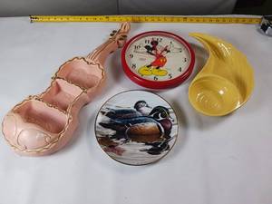 lot 85 image: Mickey Mouse Clock and Collectible Items like the Wood Ducks Plate by Rod Lawrence and California Pottery Vintage Serving Tray