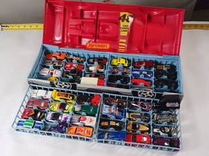 lot 87 image: Large lot of Match Box  Hot Wheels cars with Super Cool Car shaped carrying case