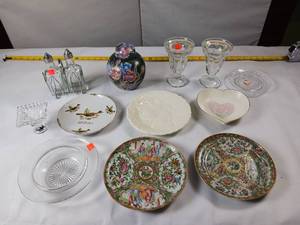 lot 126 image: Set of vintage heavy duty sundae glass, oil & vinegar dispenser and ornate plates