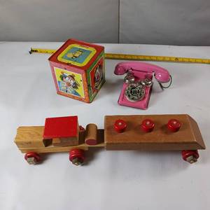 lot 135 image: Lot of Vintage Toys   Jack in the Box  Wooden train  Rotary Fine