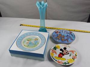 lot 174 image: Mickey Mouse  2 other Collector Plates, Blue Vase