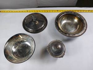 lot 187 image: Paul Revere Silver Plate Bowl  Vintage Super Cool Butter Dish (glass bottom) and serving bowl