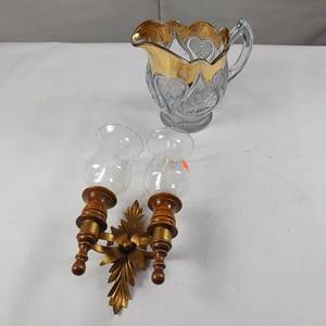 lot 192 image: Vintage Crystal Pitcher with gold accent, plus a hanging Candle Holder
