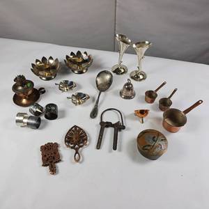 lot 199 image: Large Lot of Copper and Silver Plate Candle Holders Napkin Rings  Toy cookware  Brass Trinket Holder  Mini Trivets