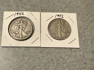 lot 21 image: 2 1942 Walking Liberty Half Dollars