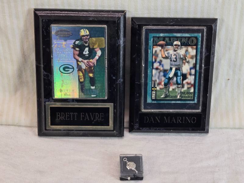 lot 38 image: Brett Favre and Dan Marino Card Plaques with Small NFL Charm