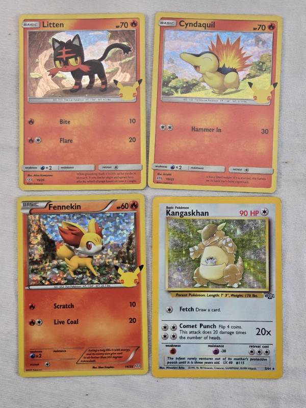 lot 43 image: Lot of Four Pokemon Trading Cards Cyndaquil, Kangaskhan, Litten, and Fennekin.