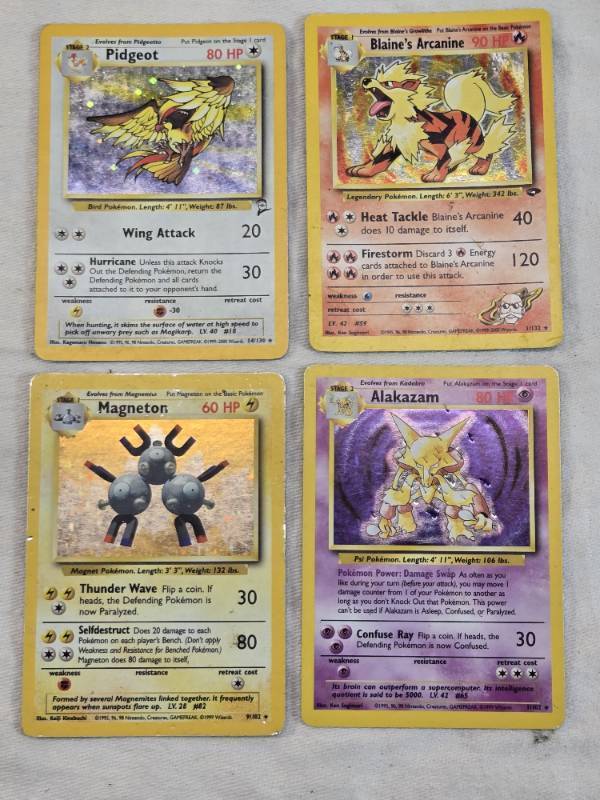 lot 44 image: Lot of Four Vintage Pokemon Trading Cards Blaines Arcanine, Alakazam, Pidgeot, and Magneton