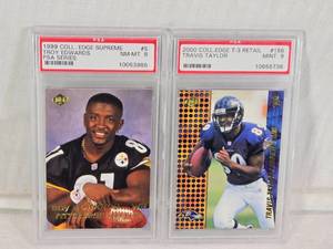 lot 68 image: 1999 Coll. Edge Supreme #5 Troy Edwards PSA 8 and 2000 Coll. Edge T-3 Retail #156 Travis Taylor PSA 9