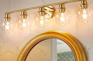 lot 218 image: Bathroom Light Fixture 5 Bulbs 37.5 Gold $133.99 Retail - Brand New