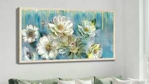 lot 221 image: Floral White Magnolia Teal Wall Canvas 40 x 20 $79.99 Retail - Brand New