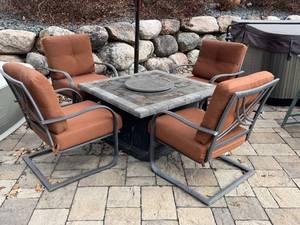 lot 10X image: OP - Patio Glow Outdoor Fire Table with 4 Metal Armchairs