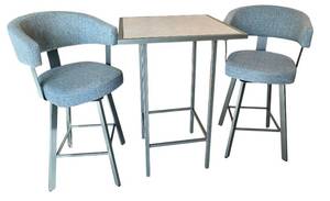 lot 12D image: LL - Pub Table with 2 Gray Upholstered Barstools