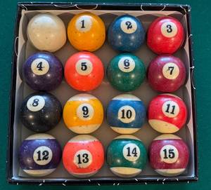 lot 16 image: Vintage Billiard Pool Ball Set with Numbers 1-15 and Cue Ball
