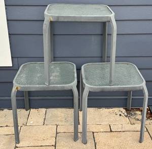 lot 58D image: OP - Set of 3 Outdoor Glass Top Side Tables 16 x 16 x 17 Inches