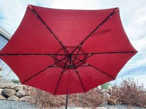 lot 59D image: OP - 8 Foot Outdoor Patio Umbrella with Cantilever Stand - Red Fabric