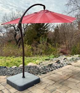 lot 61D image: OP - 8 Foot Outdoor Cantilever Patio Umbrella with Base - Red Canopy