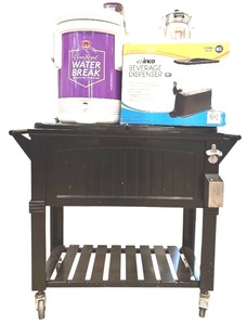 lot 35H image: LLR - Rolling Cooler Cart with Crown Royal Water Jug and Winco Beverage Dispenser