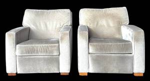 lot 43H image: LR - Pair of Room & Board Plush Reclining Armchairs with Wood Block Feet