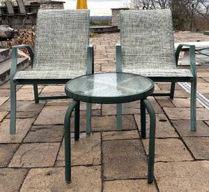 lot 45HH image: BY - Outdoor Patio Set with 2 Sling Back Chairs and Round Glass Table